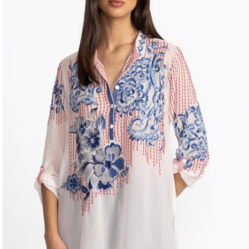 Johnny Was red and Blue Relaxed Blouse with Mandarin Collar